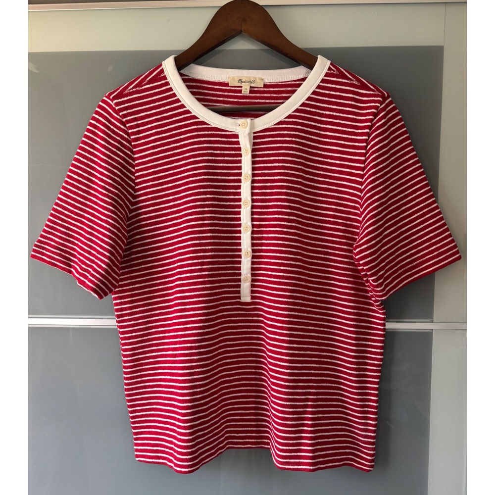 MadeWell Striped Elbow Sleeve Henley Short Sleeve Tee Shirt XL Nautical Red